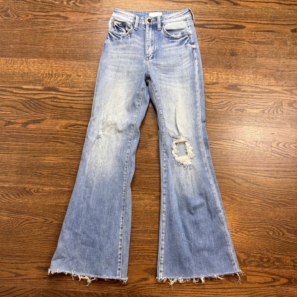 Petra 153 Jeans Womens 3/25 Distressed High Rise Flare Light Wash Raw Hem